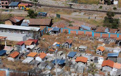High angle view of houses in town