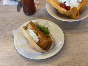 High angle view of breakfast served on table