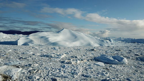 Aerial view of snowcapped landscape against sky