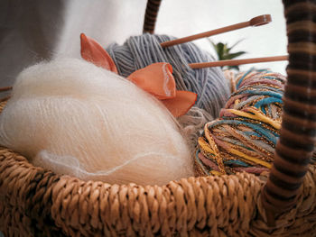 High angle view of multi colored wicker basket