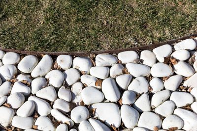 High angle view of white stones by grassy field