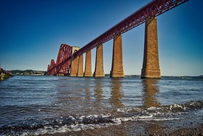 Low angle view of bridge over river against blue sky