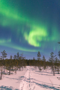 Snow covered landscape against sky at night