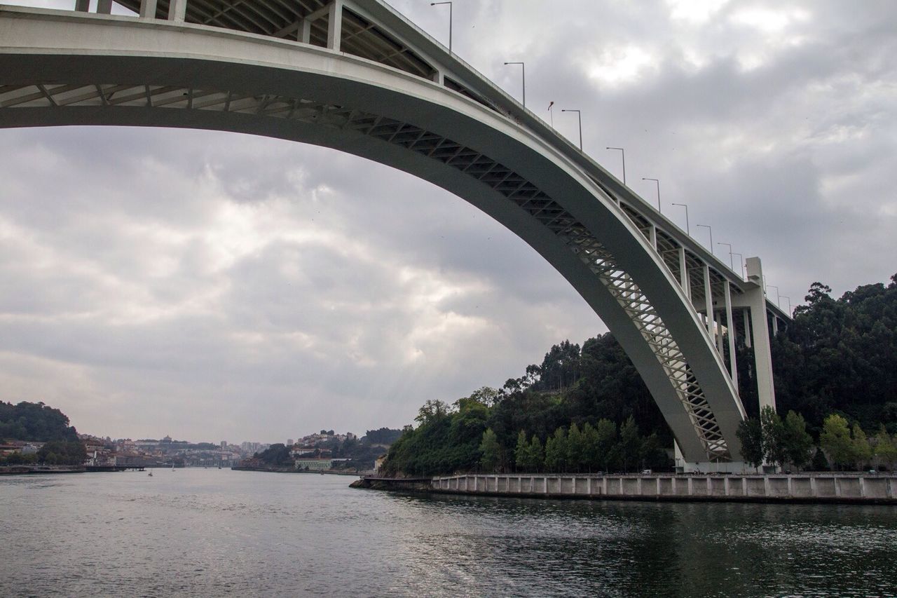 architecture, built structure, bridge - man made structure, connection, sky, river, water, cloud - sky, engineering, bridge, waterfront, arch bridge, cloudy, arch, transportation, famous place, cloud, low angle view, travel destinations, international landmark