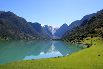 Scenic view of lake and mountains against sky