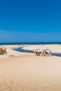 People on beach against clear blue sky