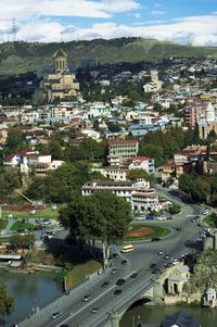 High angle view of road along buildings
