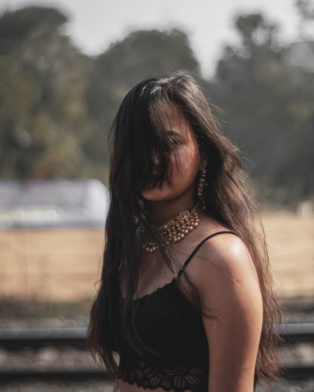 female, one person, long hair, hairstyle, women, adult, portrait, photo shoot, portrait photography, young adult, dress, brown hair, black, nature, fashion, person, clothing, waist up, focus on foreground, outdoors, standing, skin, land, teenager, human hair, day, jewelry, lifestyles, sky, necklace, emotion, spring, looking
