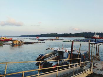 Boats moored at harbor against sky