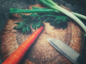 High angle view of chopped vegetables on table