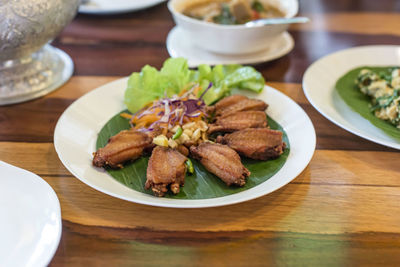 High angle view of food in plate on table