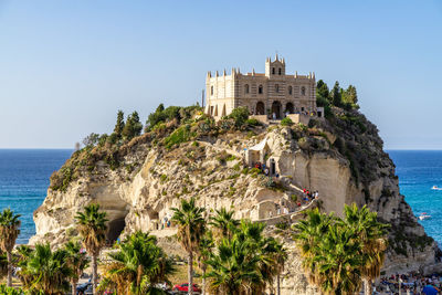 View of the sanctuary of santa maria dell'isola, the most famous landmark of tropea, calabria, italy