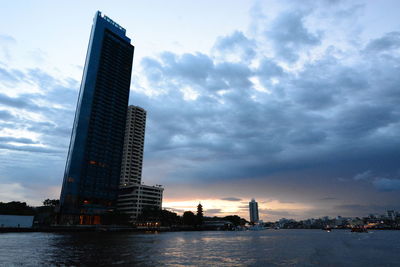 View of buildings by river against cloudy sky
