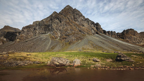 Scenic view of lake and mountains against sky