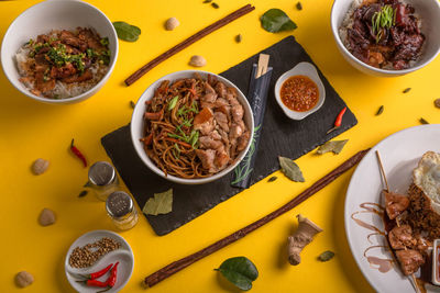 High angle view of food served on table