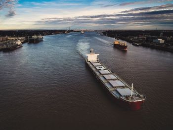 High angle view of ship in sea against sky