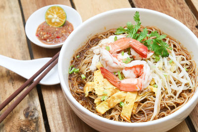 High angle view of food in bowl on table