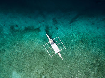 Bird's eye drone picture of a bangka boat in theclear waters of pamilacan island, bohol, philippines