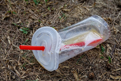 High angle view of plastic on field