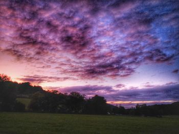 Silhouette trees on field against sky at sunset