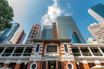 Low angle view of modern buildings against sky in city