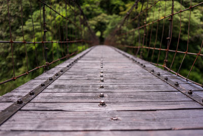 Surface level of wooden footbridge in forest