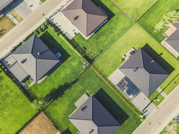 High angle view of buildings in field