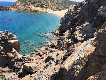 High angle view of rocks on sea shore