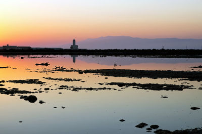 Scenic view of lake against orange sky