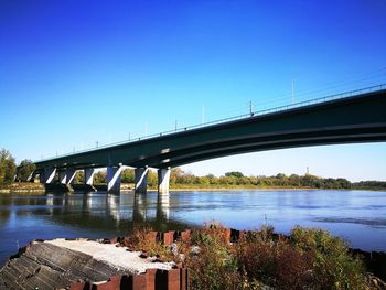 Bridge over river against clear blue sky