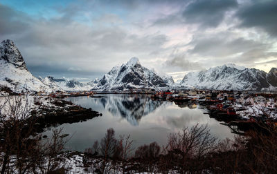 Scenic view of lake and snowcapped mountains against sky