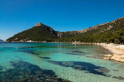 Scenic view of sea against clear blue sky