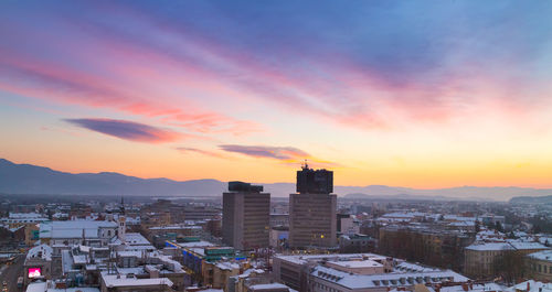 High angle view of townscape against sky during sunset