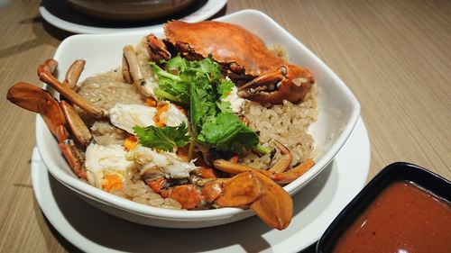 High angle view of meal served on table