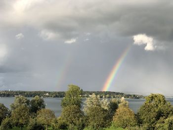 Scenic view of rainbow over trees against sky