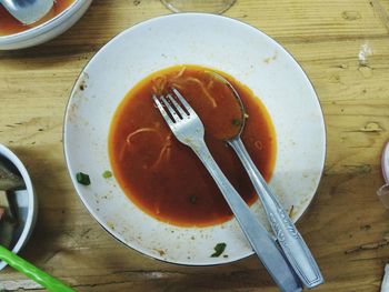 High angle view of soup in bowl on table