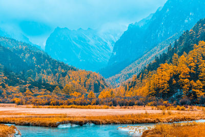 Scenic view of lake and mountains against sky