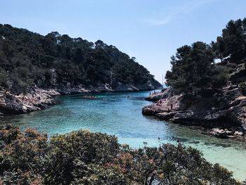 Scenic view of sea against clear sky