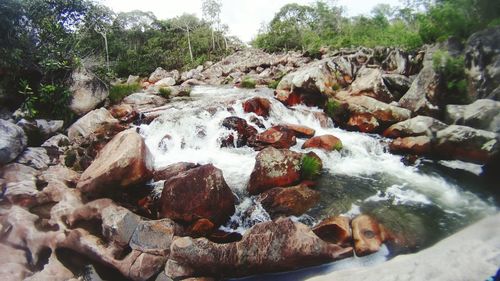 Scenic view of waterfall in forest against sky