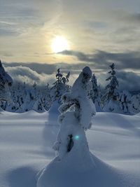 Scenic view of snow covered field against sky