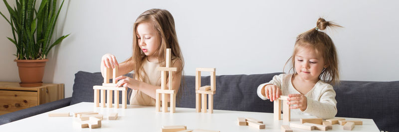 Cute sisters playing with building block