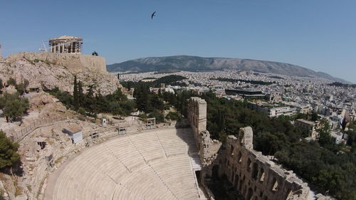 High angle of town with abandoned amphitheater in foreground