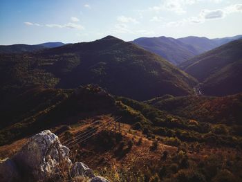 Aerial view of landscape and mountains against sky