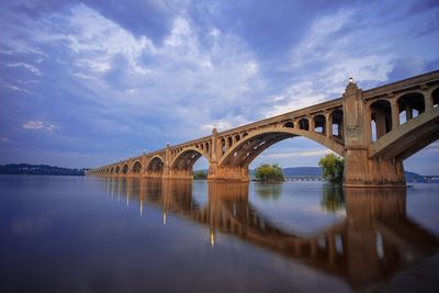 Arch bridge over river against sky