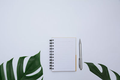 Directly above shot of book on table against white background