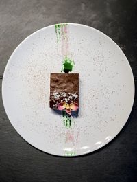 High angle view of cake in plate on table