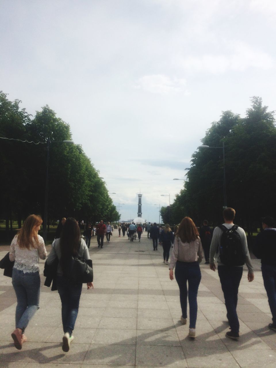 group of people, walking, tree, plant, real people, rear view, women, city, sky, lifestyles, direction, the way forward, adult, architecture, people, men, casual clothing, nature, full length, day, diminishing perspective, outdoors
