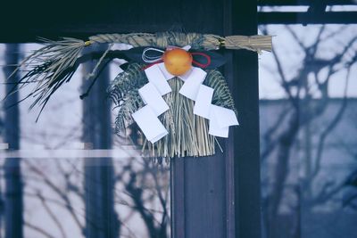 Close-up of wooden fence and trees in winter