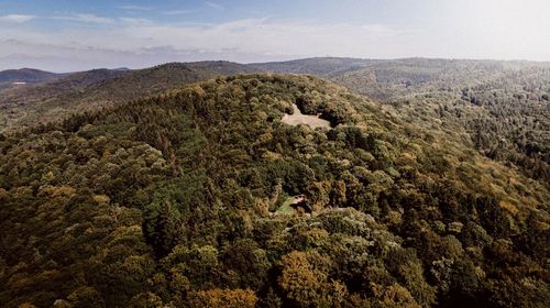 High angle view of trees and mountains against sky