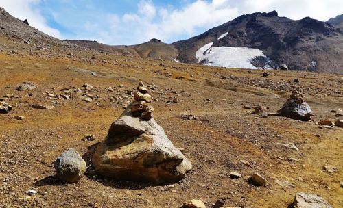 Rock formations on landscape against sky